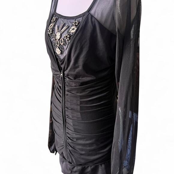 Save the Queen Italy Black Mesh Ruched Dress Beaded Front Detail Made in Italy - Picture 2 of 7